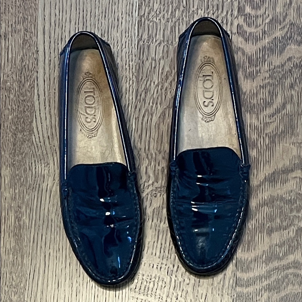Tod’s Blue Patent Leather Penny Driving Loafers - Picture 3 of 13